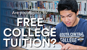 Student working on computer with text overlaid that says "Are you eligible for free college tuition?"