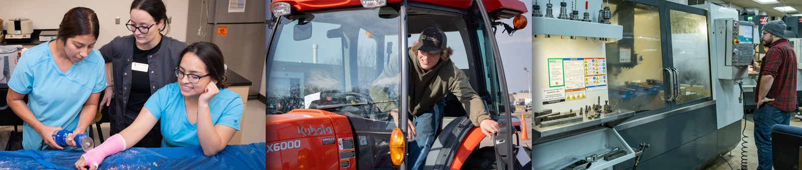 Three photos of students working in healthcare, agriculture, and manufacturing