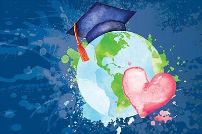 Graphic of stylized globe with graduation cap and heart shape