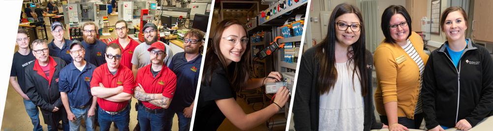 Photos of students in Machining, Mecatronics, and Medical Assisting