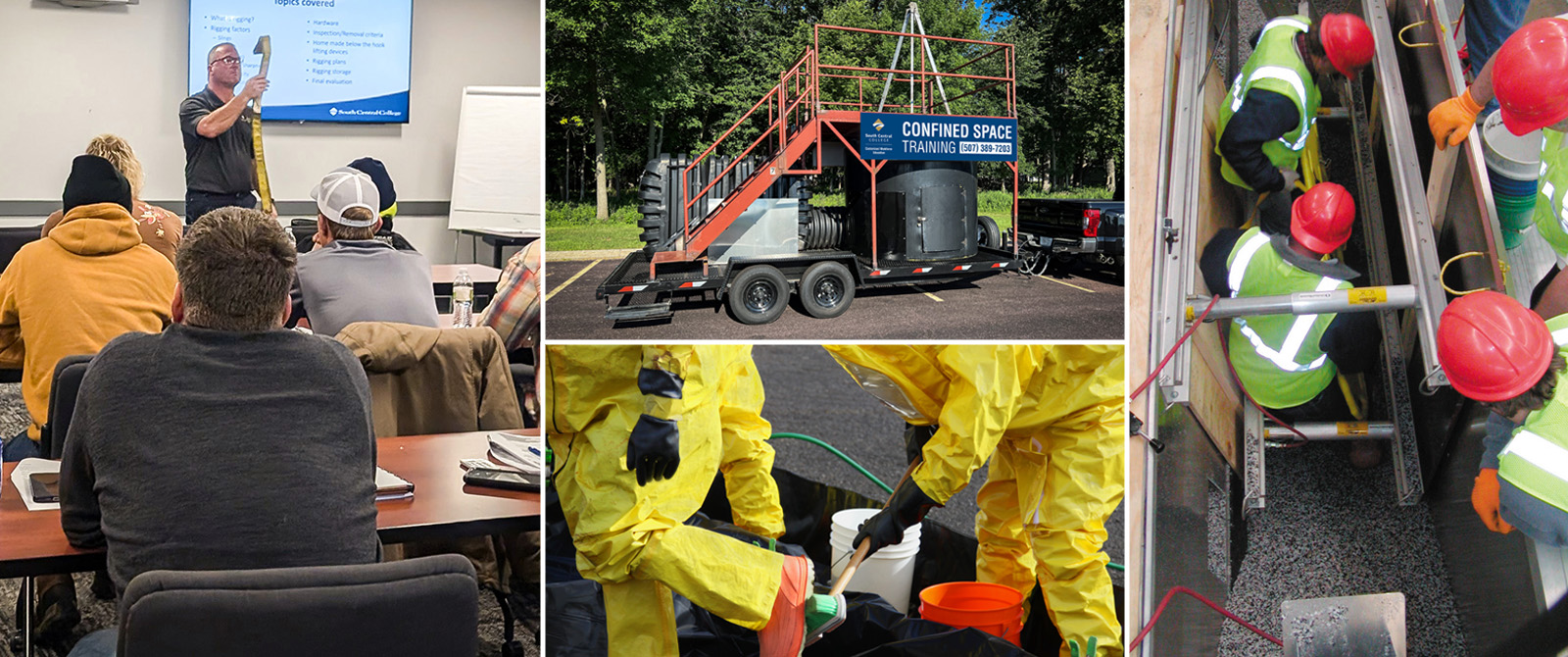 Montage of workplace images and OSHA instructor presenting slide in a training room.