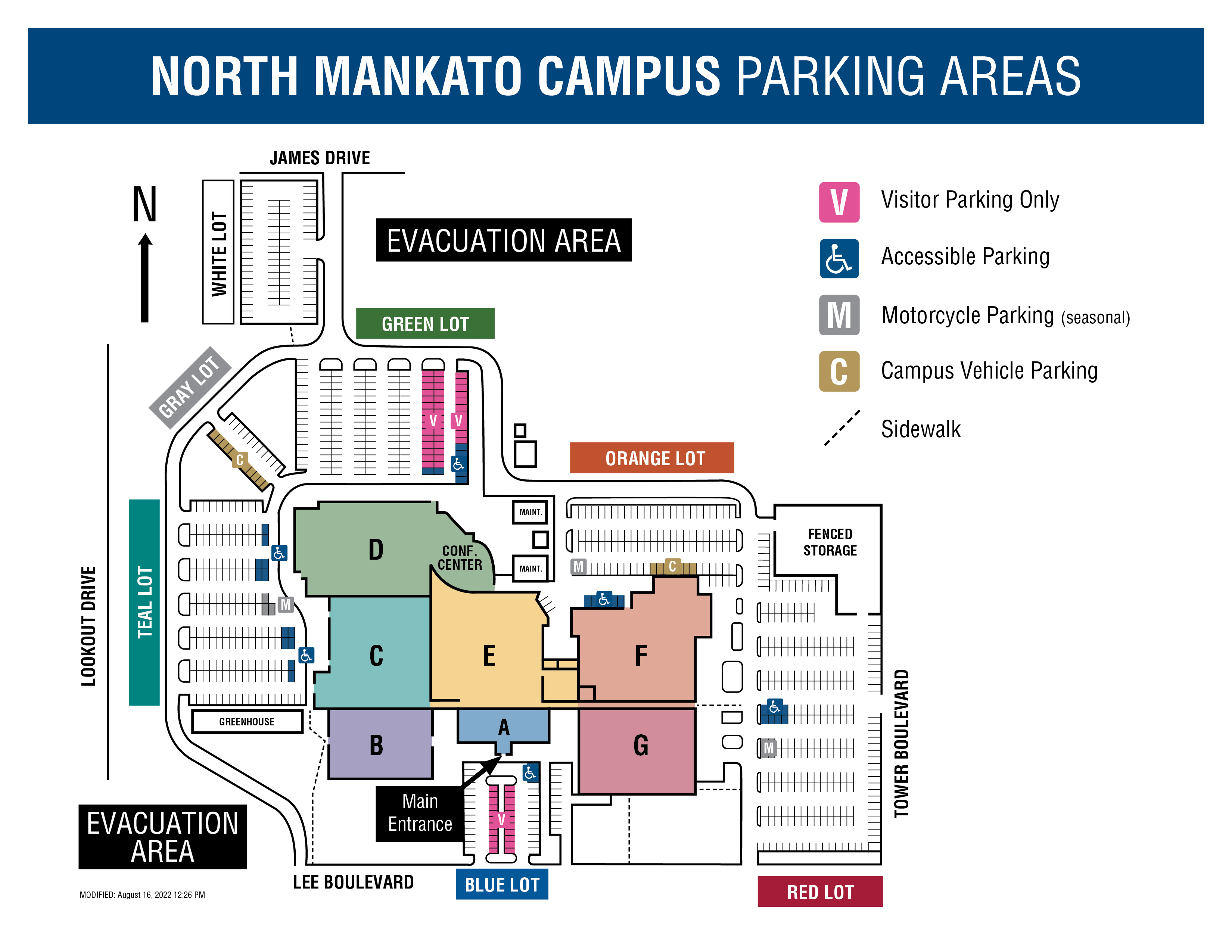 Map of North Mankato Campus Parking Lots and Buildings